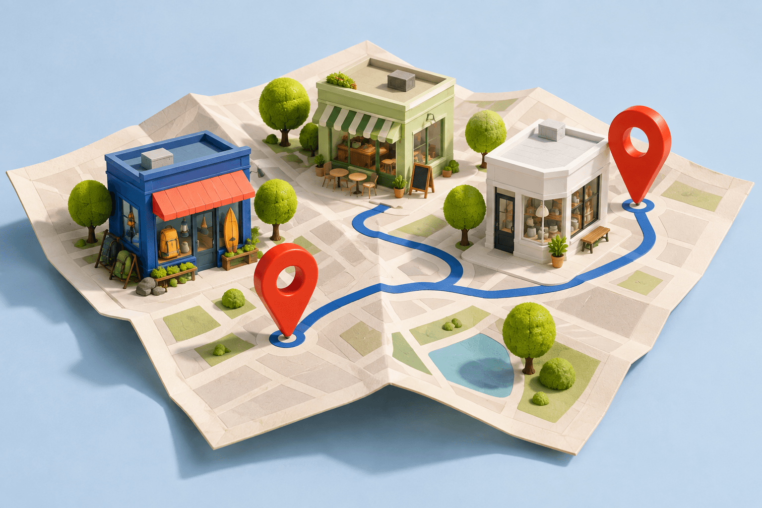 A miniature neighborhood of colorful shops connected by a route on a folded map.